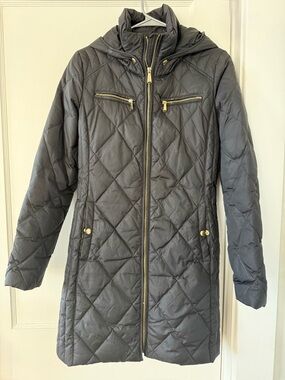 Michael Kors Black Quilted Long Puffer Coat with Hood